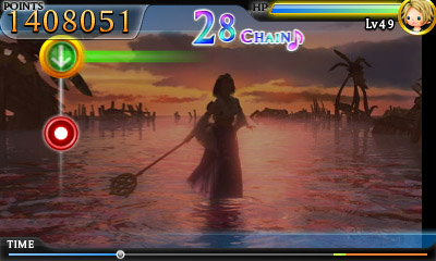 Theatrhythm Final Fantasy Screenshot of Yuna from Final Fantasy X performing a Sending over the water.