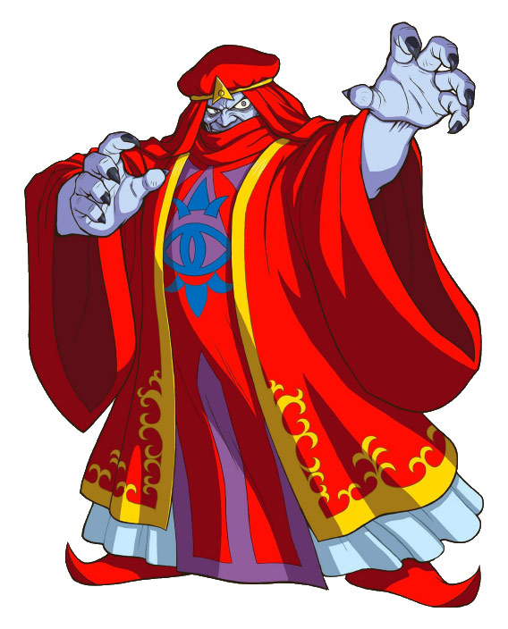 Agahnim, a blue-skinned wizard in ornate red and gold robes from The Legend of Zelda: A Link to the Past