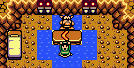 Links holds up the boomerang in The Legend of Zelda: Link's Awakening.