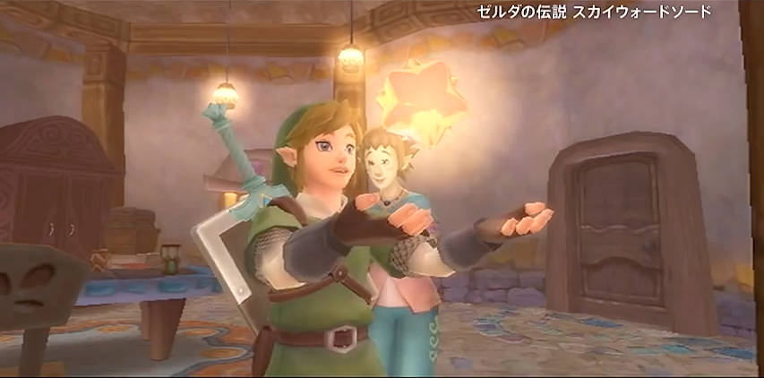 Link Holding a Gratitude Crystal in The Legend of Zelda: Skyward Sword.