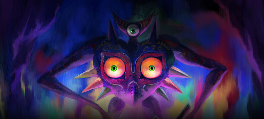 Artwork of Majora, an alien-like creature with long limbs, a single eye, and thorny torso from The Legend of Zelda: Majora's Mask