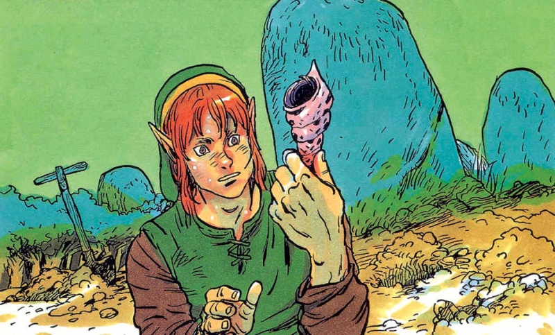 Link quizzically looks at a secret seashell in The Legend of Zelda: Link's Awakening artwork.