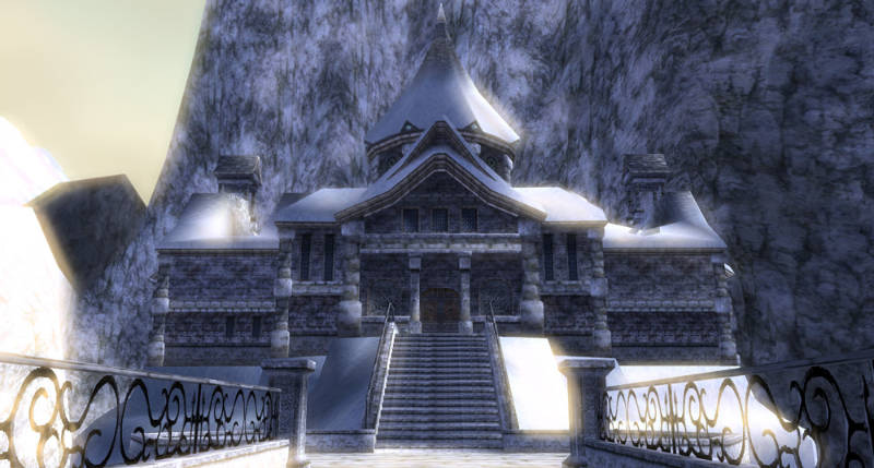 The Legend of Zelda: Twilight Princess Screenshot of the exterior of Snowpeak Ruins, a snow-covered mountain mansion.