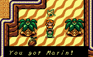 Link playfully holds his friend Marin above his head to the text, "You Got Marin!" from The Legend of Zelda: Link's Awakening.