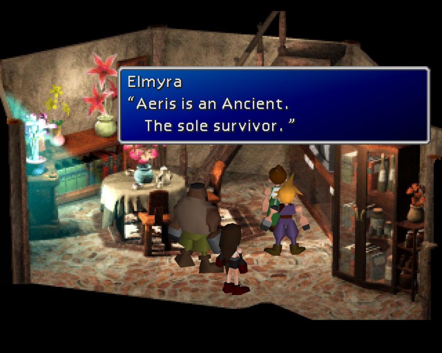 Final Fantasy VII screenshot of Elmyra at home with the dialogue, Aeris is an Ancient. The sole survivor.