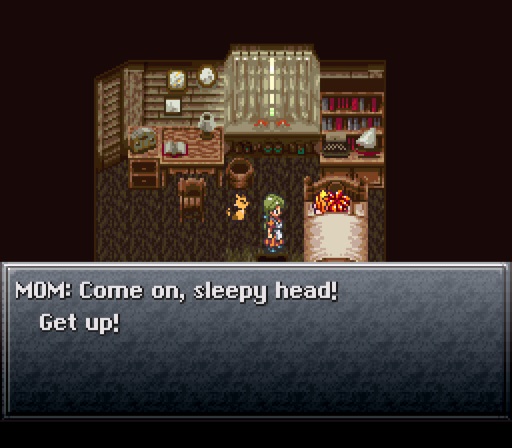 Chrono Trigger screenshot of Chrono in bed with his mom waking him up with the dialogue, Come on, sleepy head! Get up!