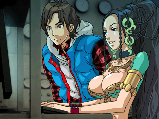 999 screenshot of Hazuki Kashiwabara aka Lotus dressed as a belly dancer with a male companion in a vest watching as she types at a computer.
