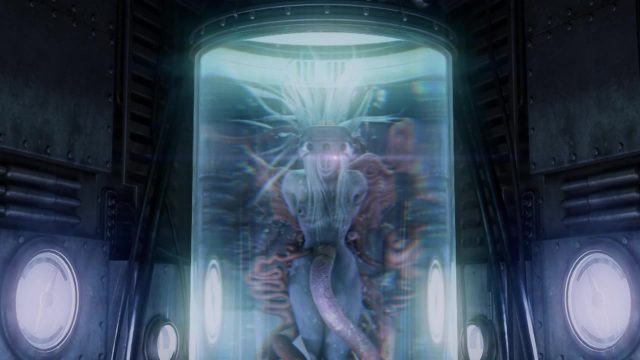 Final Fantasy VII artwork of Jenova, a female humanoid alien in a large glass containment tube, with several rubes and cords attached to her blue skin.