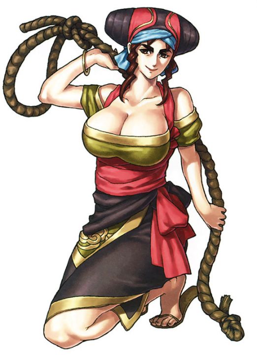 Suikoden V artwork of Kisara, a full-bodied woman dressed in several layers of wrapped clothing, tightly gripping a large, sturdy rope.