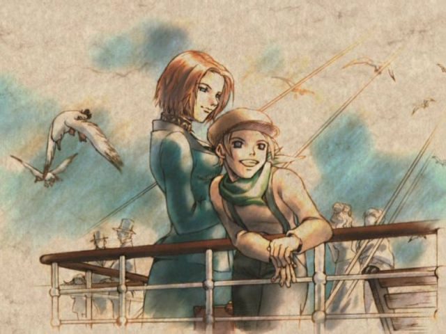 Shadow Hearts artwork of Koudelka smiling at her daughter Halley leaning on the rail of a ship at sea as seagulls fly overhead.