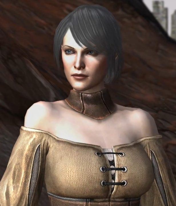 Dragon Age II artwork of Leandra Amell, a woman with short black hair and a grave expression, wearing a leather choker and low-cut linen robe.