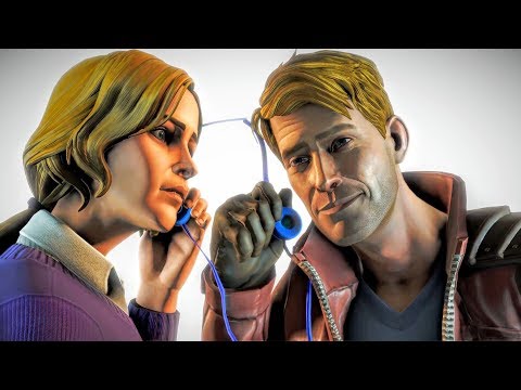 Guardians of the Galaxy screenshot of Meredith Quill, a woman in a purple sweater sharing a pair of headphones with Star-Lord.