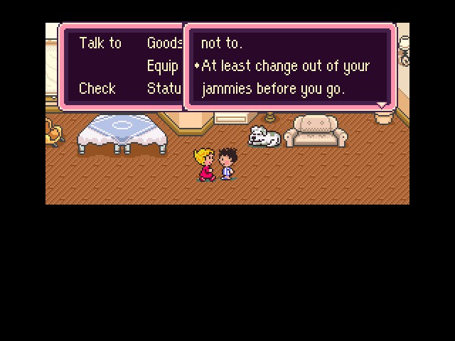 EarthBound screenshot with Ness and his mom with dialogue, At least change out of your jammies before you go.