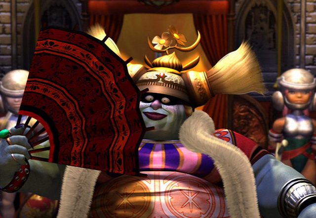 Final Fantasy IX screenshot of Queen Brahne, a huge blue-skinned woman in elaborate garb that looks more like an ogre than human, fanning herself with her royal guard in the background.