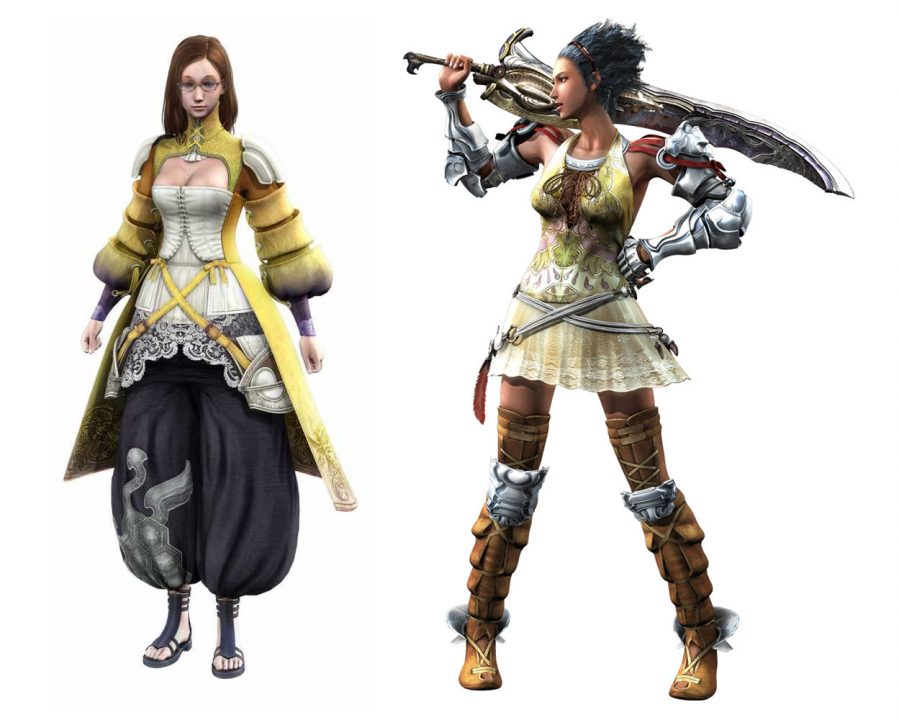 Lost Odyssey artwork of Sarah Sisulart & Seth Balmore, one clad in a yellow robe, white bustier, and black pantaloons, and the other in a lacy golden skirt with leather and metal boots and gloves, holding a large sword over her shoulder.