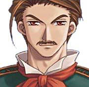 Headshot of Cassius Bright, a middle-aged man with short brown hair, thin mustache, and red scarf from The Legend of Heroes Trails in the Sky