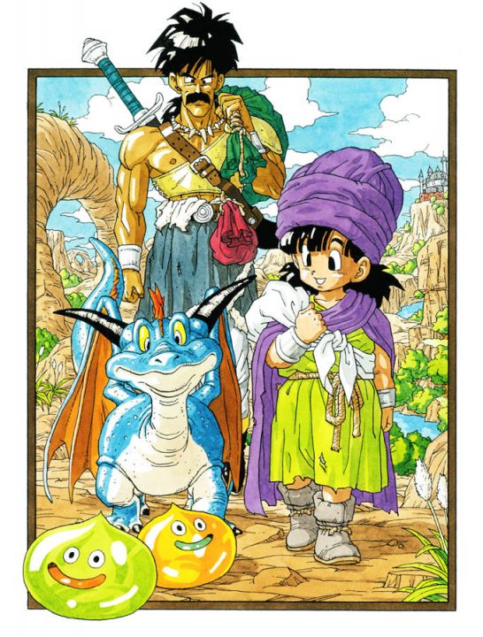 Pankraz, a tall man with big black hair and mustache, and layered ragged clothes watches his son, a small dragon, and a pair of smiling slimes from Dragon Quest V