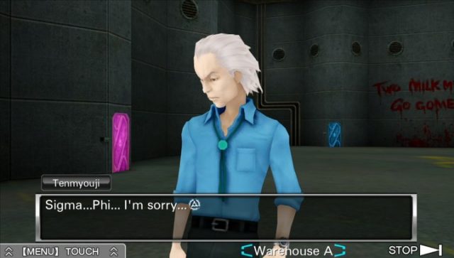 Tenmyouji, a white-haired man in a collared blue shirt apologizes to Sigma and Phi in a dingy metal room in Virtue's Last Reward