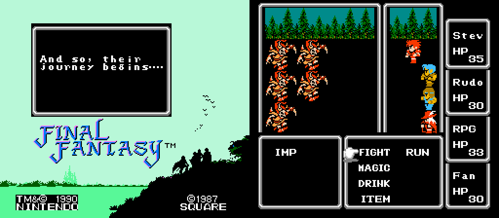 Final Fantasy title screen with dialogue box reading And so, their journey begins... and image of four warriors battling five imps