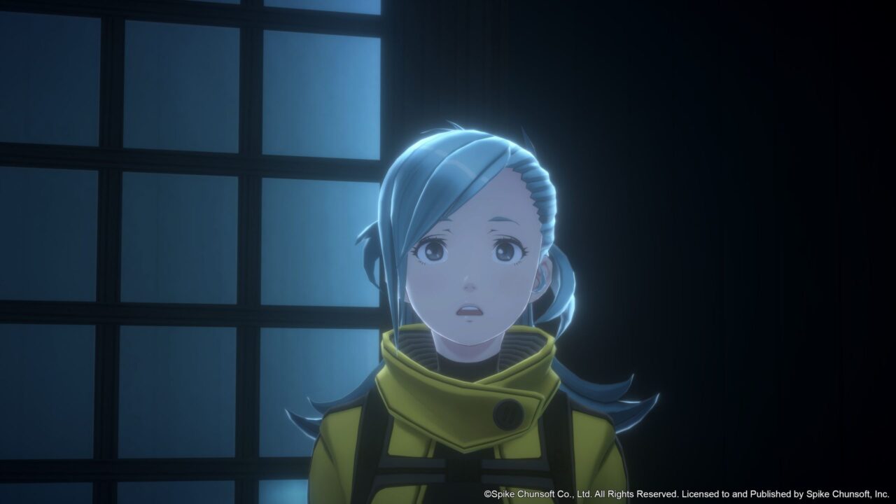 Mizuki stares off in shock against a dark back drop in AI: The Somnium Files