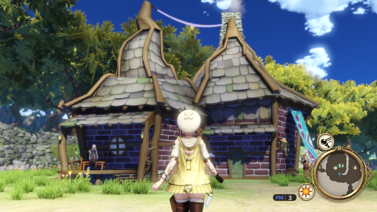 Ryza stands in front a small cottage with a round window and double-peaked roof.