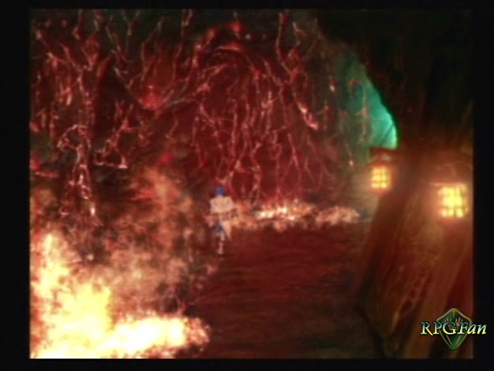 Kalas walking through the Lava Caves dungeon in Baten Kaitos: Eternal Wings and the Lost Ocean.