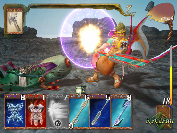 Gibari fighting monsters at the Lesser Celestial River in Baten Kaitos: Eternal Wings and the Lost Ocean