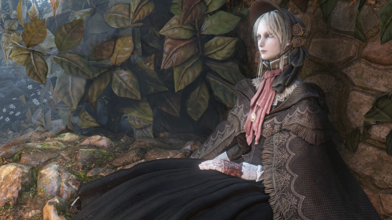 Bloodborne Screenshot of a doll-like maiden in a knit shawl.