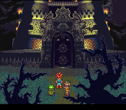 Crono, Frog, and Lucca standing outside of Magus's castle in Chrono Trigger