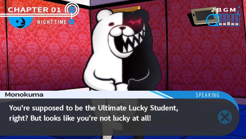 Danganronpa: Trigger Happy Havoc screenshot of Monokuma berating the player for being unlucky