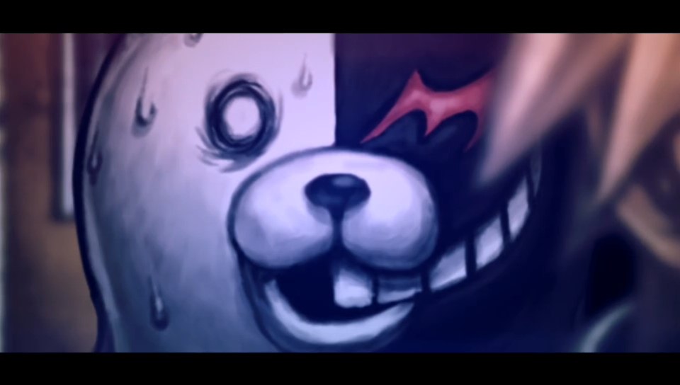 Close-up of a dual-colored bear: light colored fur and a frightened expression on the right half, red squinty and large evil grin with dark fur on the right.