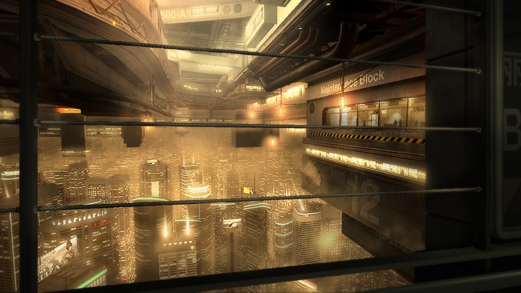 Deus Ex: Human Revolution Screenshot, showcasing the multi-tiered city of Hengsha Island.