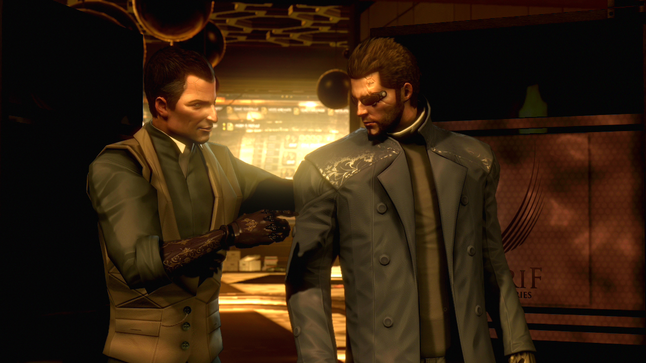 Screenshot of a sketchy man prodding Adam Jensen from Deus Ex: Human Revolution, one of the IPs Embracer Group is acquiring
