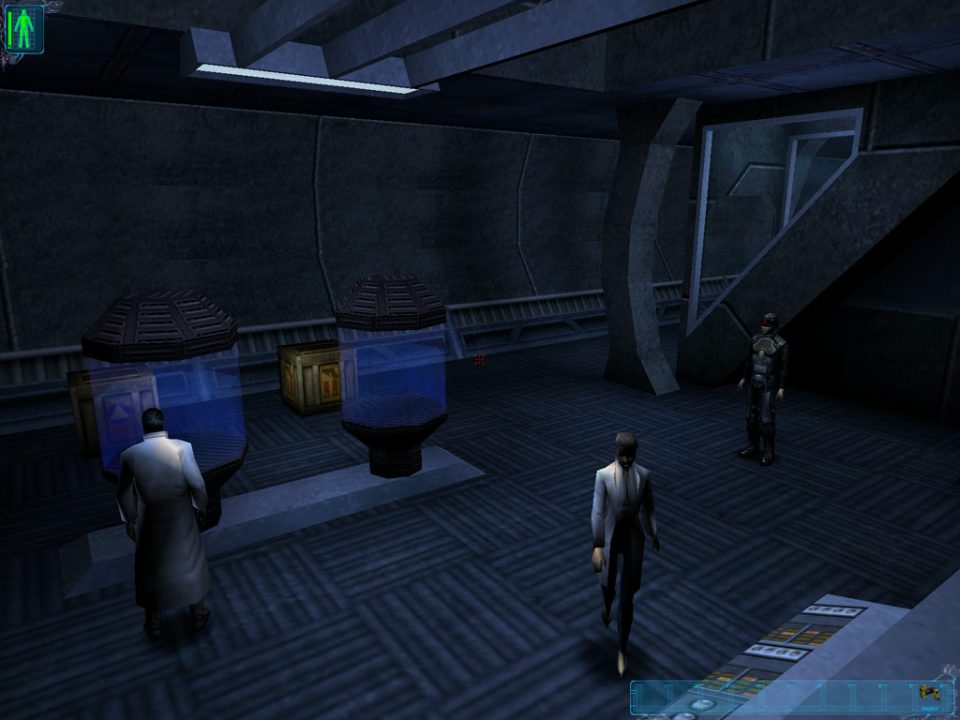 Screenshot from Deus Ex depicting scientists in an extremely poorly lit lab, one at a tank and one heading toward a terminal. 