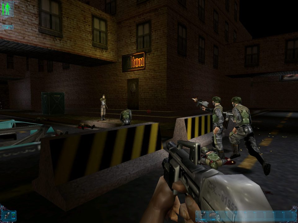 Screenshot from Deus Ex depicting crossfire between armed soldiers.