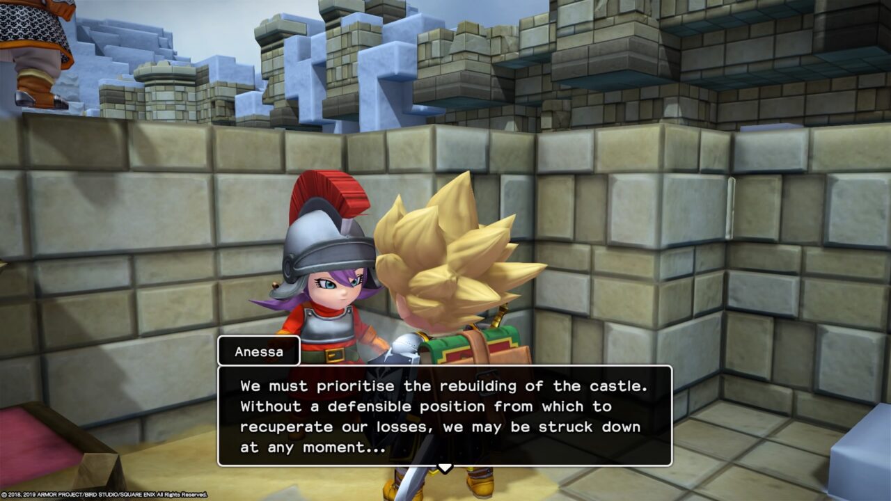 Dragon Quest Builders 2 screenshot of a blonde boy talking to the purple-haired royal guard Anessa, who is explaining the importance of rebuilding the castle for defense.