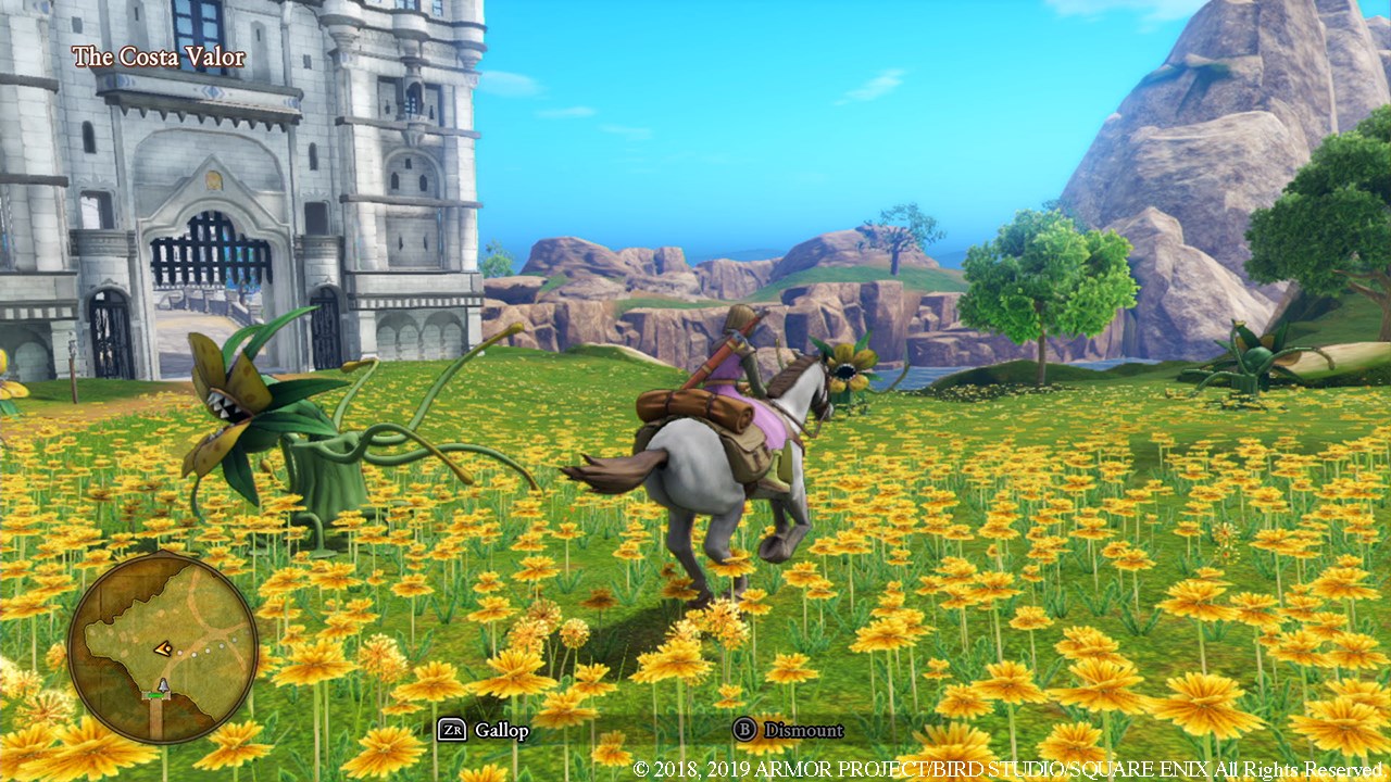 Hero in a purple tunic rides a gray horse through a field of yellow flowers near a castle.