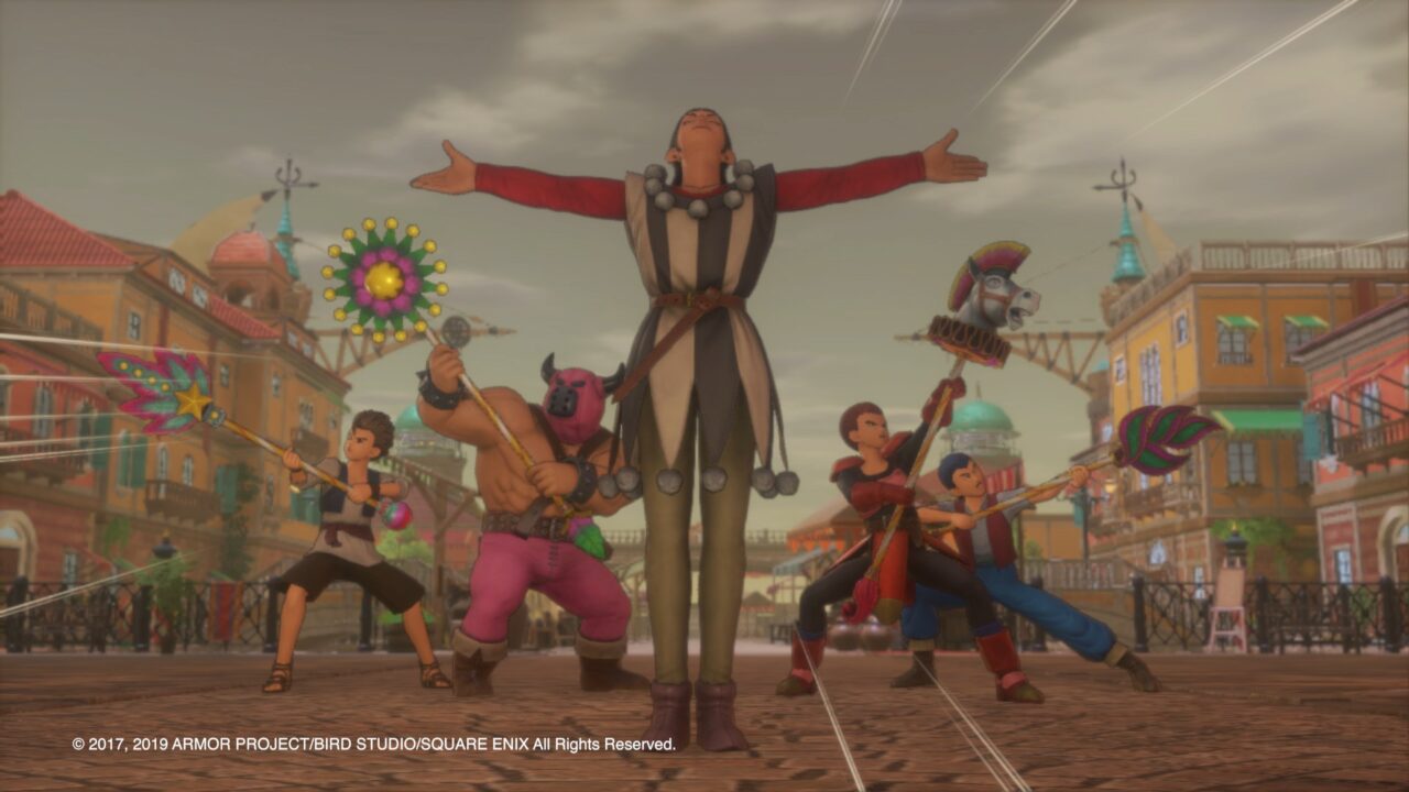 A flamboyant man stands in front of the rest of his troupe in Dragon Quest XI.