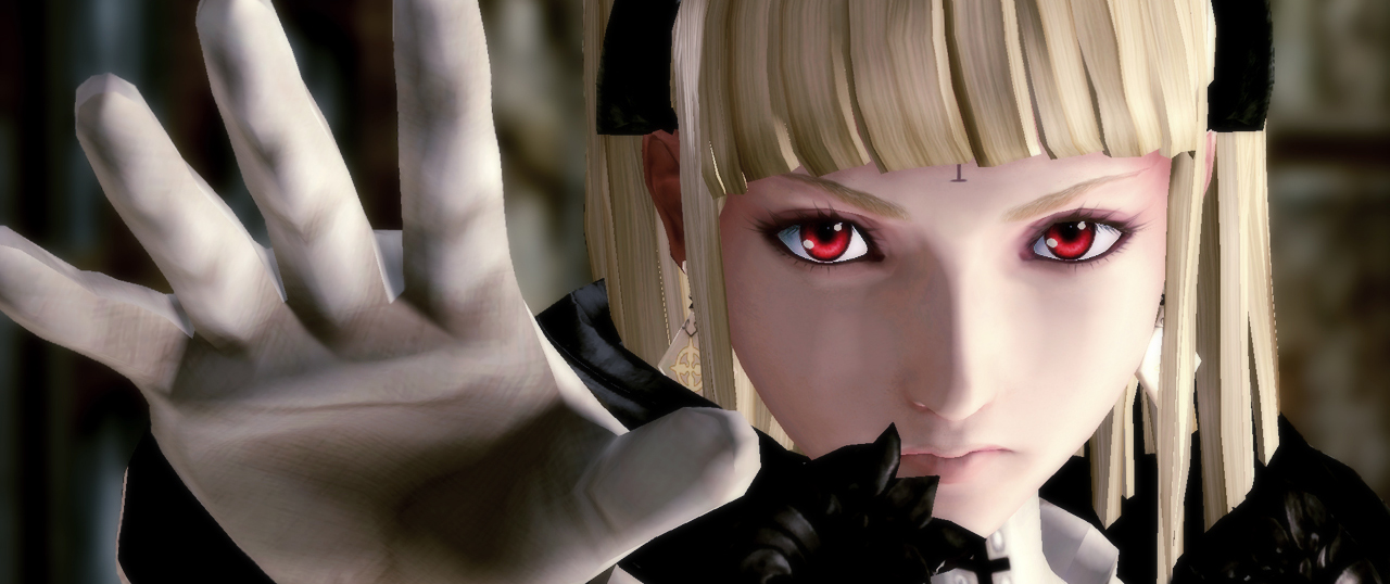 Drakengard 3 Screenshot of blonde woman with red eyes holding hand towards viewer.