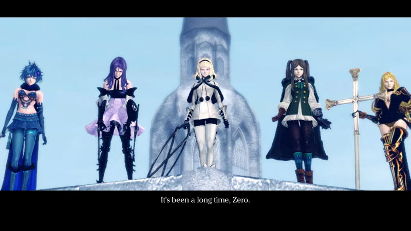 Drakengard 3 screenshot of five sisters in different colored outfits glaring down at the protagonist.