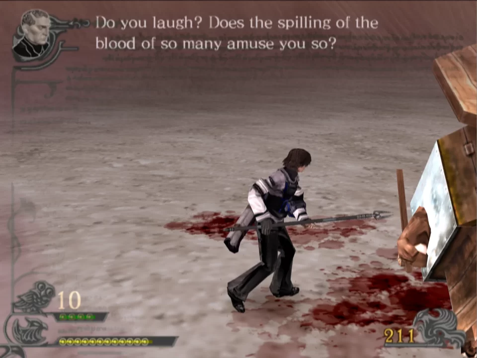 An image showing the ground combat with bloodstains around Caim, as a priest character asks him if the bloodshed amuses him.