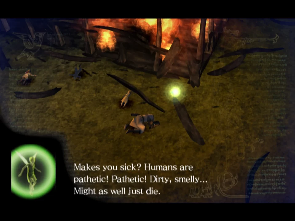 A screenshot from a cutscene where a faerie accuses humans of being pathetic, dirty, smelly, and worthy of death.