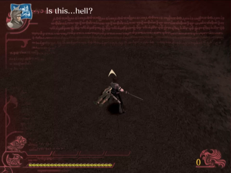 A Drakengard screenshot saturated in red where a character bark reads: "Is this... hell?"