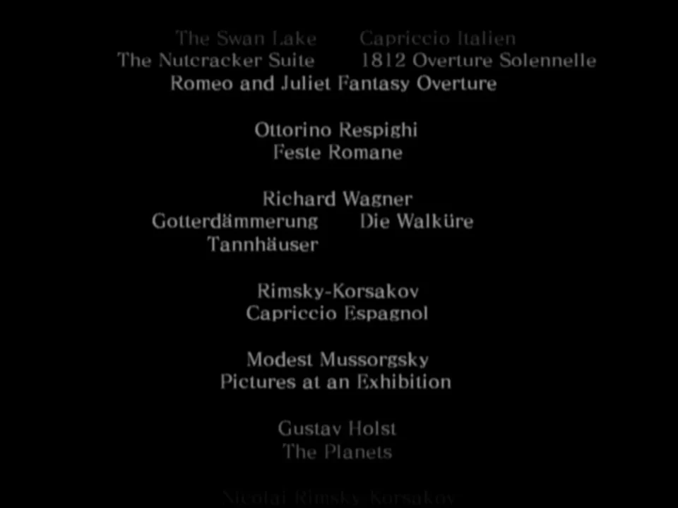 A screenshot from the credits shows composers such as Richard Wagner and other classical music artists.