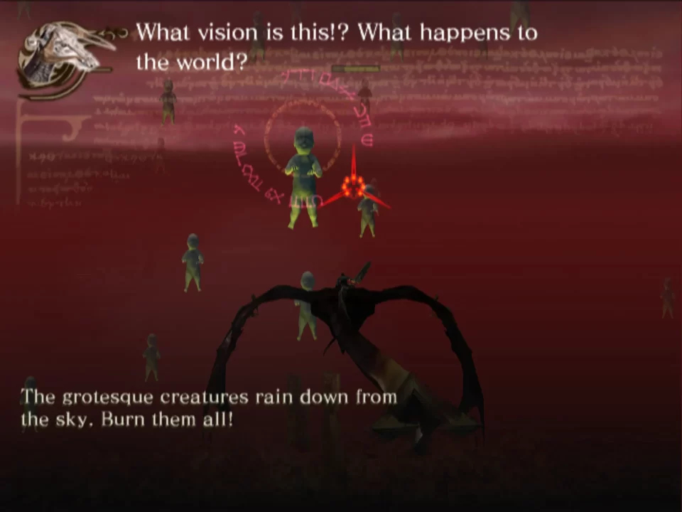 An aerial combat screenshot where Angelus moves towards flying demon baby enemies. The mission text tells you to "Burn them all!"