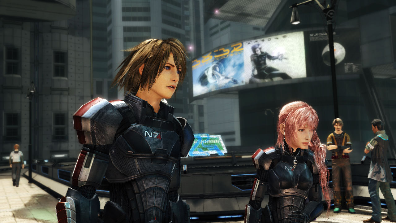 the main characters of Final Fantasy XIII dressed in Commander Shepard Mass Effect DLC outfits