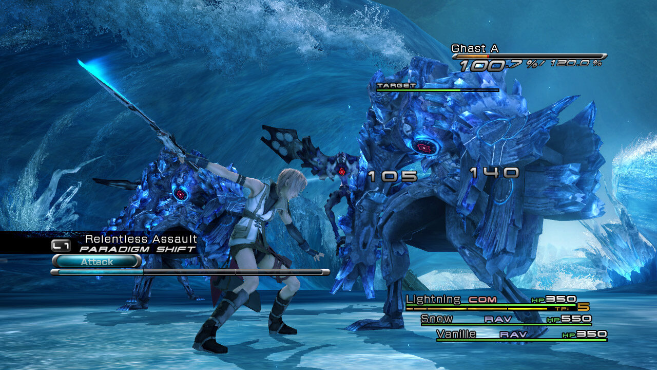 Final Fantasy XIII screenshot of Lightning swinging a sword at a crystalized beast named a Ghast in a setting of ice and frozen waves.