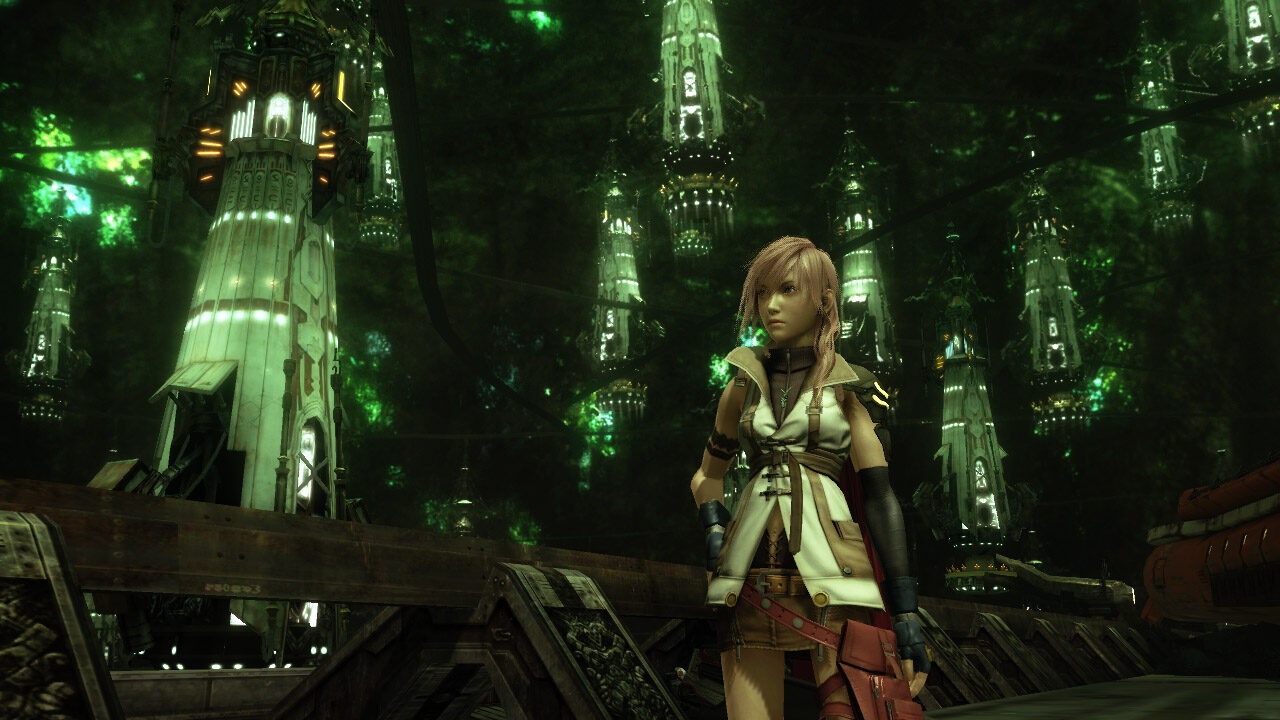 Final Fantasy XIII screenshot of Lightning inside a massive technological structure, with hanging brightly-lit mechanical pillars in the distance.