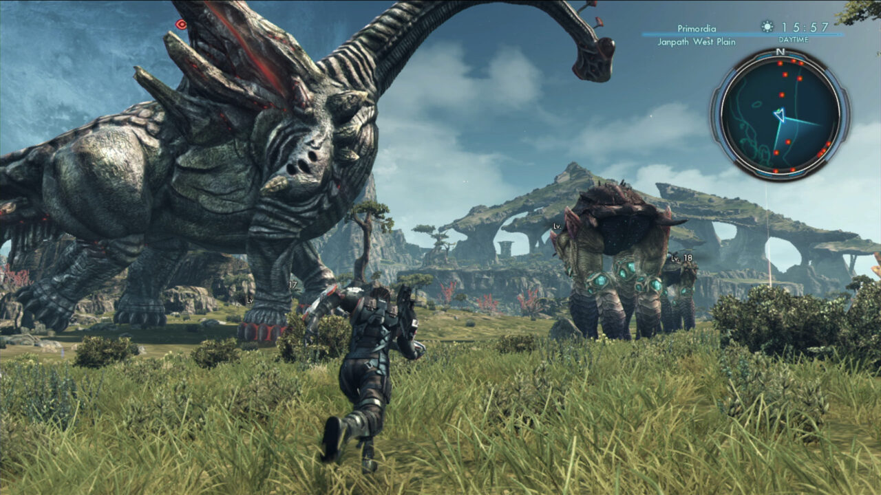 A screenshot of a character running through a field with a dinosaur in Xenoblade Chronicles X