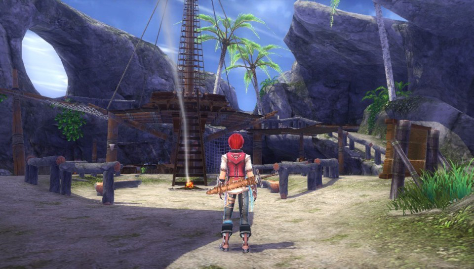 A screenshot of Adol looking over a tropical setting in Ys VIII Lacrimosa of Dana